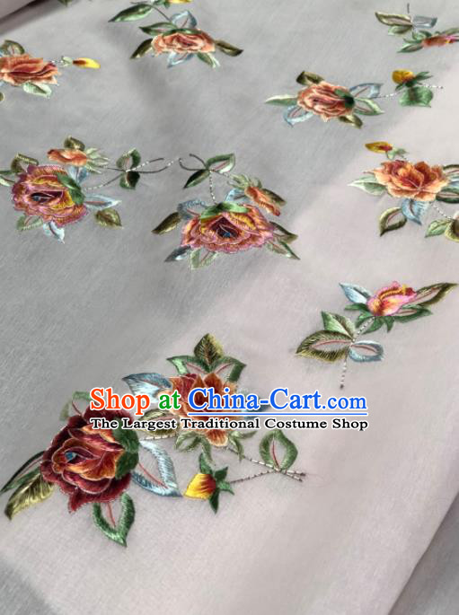 Traditional Chinese White Silk Fabric Classical Embroidered Peony Pattern Design Brocade Fabric Asian Satin Material