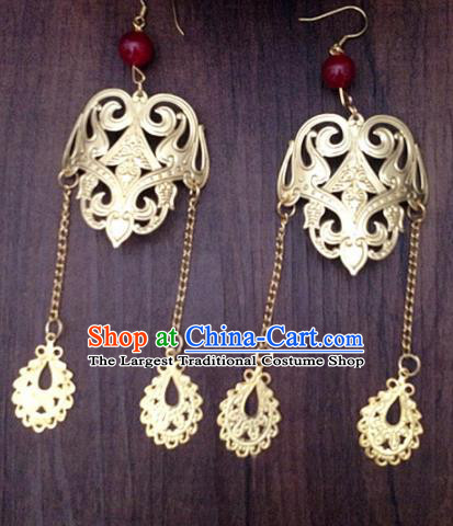 Chinese Ancient Princess Tassel Golden Earrings Traditional Hanfu Palace Jewelry Accessories for Women