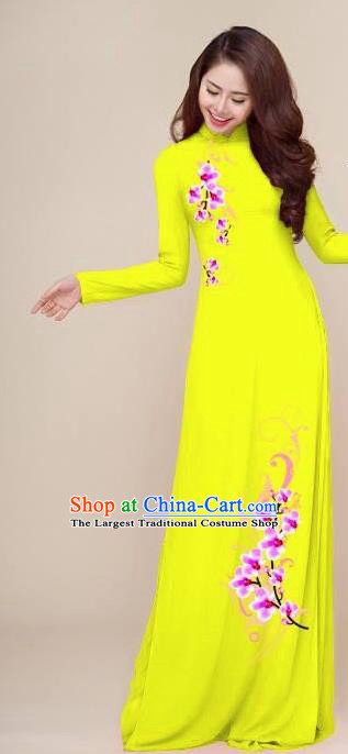 Asian Vietnam Traditional Printing Plum Yellow Dress Vietnamese National Classical Ao Dai Cheongsam for Women