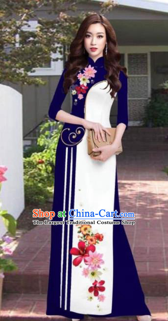 Asian Vietnam Traditional Printing Flowers Deep Blue Dress Vietnamese National Classical Ao Dai Cheongsam for Women