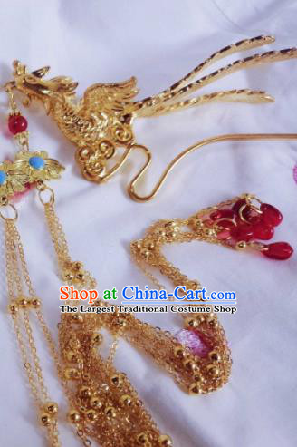 Chinese Ancient Palace Queen Golden Phoenix Tassel Hairpins Traditional Hanfu Hair Accessories for Women