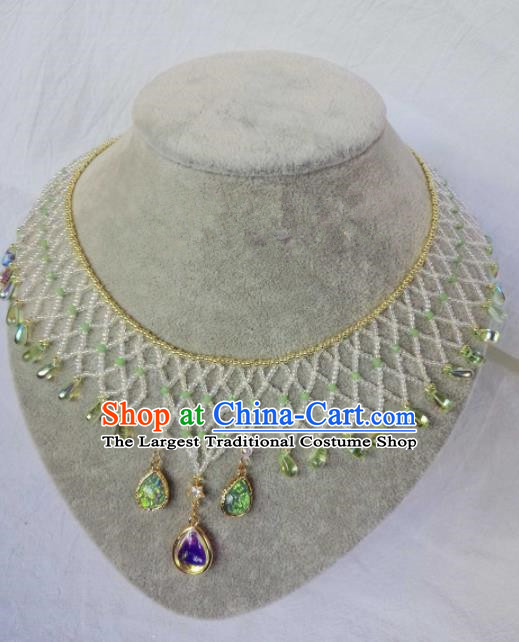 Chinese Ancient Palace Princess Green Crystal Necklace Traditional Hanfu Jewelry Accessories for Women