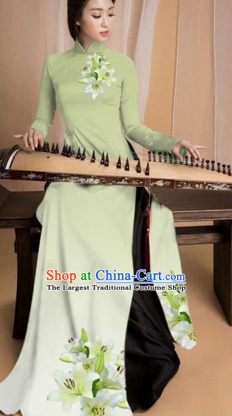 Asian Vietnam Traditional Printing Lily Flowers Light Green Dress Vietnamese National Classical Ao Dai Cheongsam for Women