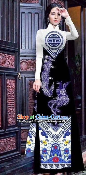 Asian Vietnam Traditional Bride Printing Phoenix Black Dress Vietnamese National Classical Ao Dai Cheongsam for Women