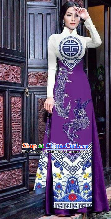 Asian Vietnam Traditional Bride Printing Phoenix Purple Dress Vietnamese National Classical Ao Dai Cheongsam for Women
