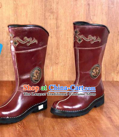 Traditional Chinese Mongol Nationality Red Shoes Mongolian Minority Folk Dance Leather Boots for Men