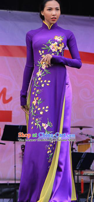 Asian Vietnam Traditional Printing Purple Dress Bride Costume Vietnamese National Classical Ao Dai Cheongsam for Women