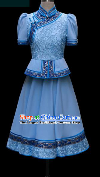 Traditional Chinese Mongol Ethnic Blue Dress Mongolian Minority Folk Dance Clothing for Kids