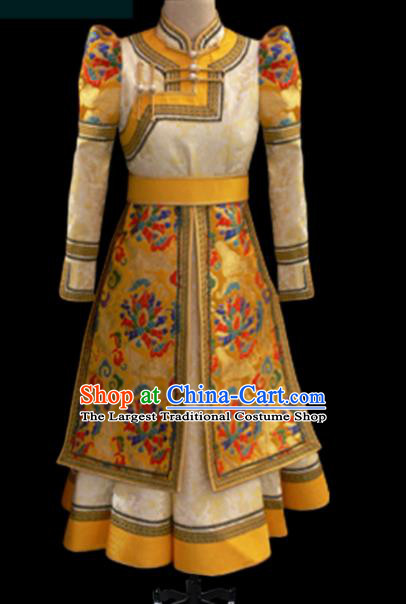 Traditional Chinese Mongol Ethnic Yellow Dress Mongolian Minority Folk Dance Clothing for Kids