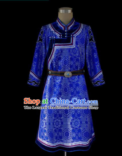 Chinese Traditional Mongol Ethnic Royalblue Dress Mongolian Minority Folk Dance Clothing for Kids