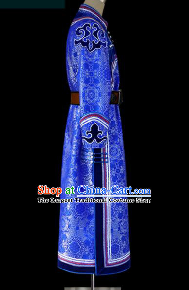 Chinese Traditional Mongol Ethnic Wedding Royalblue Robe Mongolian Minority Folk Dance Costume for Men
