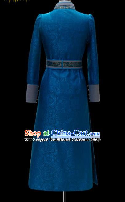 Traditional Chinese Mongol Ethnic National Blue Dress Mongolian Minority Folk Dance Costume for Women