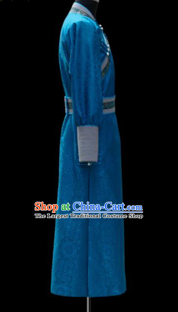 Chinese Traditional Mongol Ethnic National Blue Robe Mongolian Minority Folk Dance Costume for Men