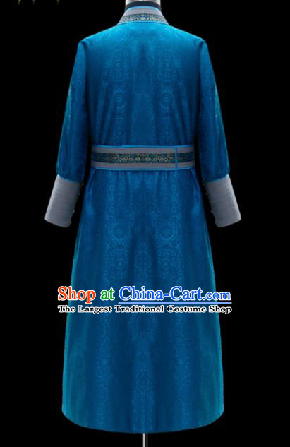 Chinese Traditional Mongol Ethnic National Blue Robe Mongolian Minority Folk Dance Costume for Men
