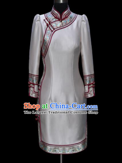 Traditional Chinese Mongol Ethnic National Grey Brocade Dress Mongolian Minority Folk Dance Costume for Women