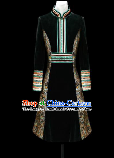 Chinese Traditional Mongol Ethnic National Black Velvet Robe Mongolian Minority Folk Dance Costume for Men