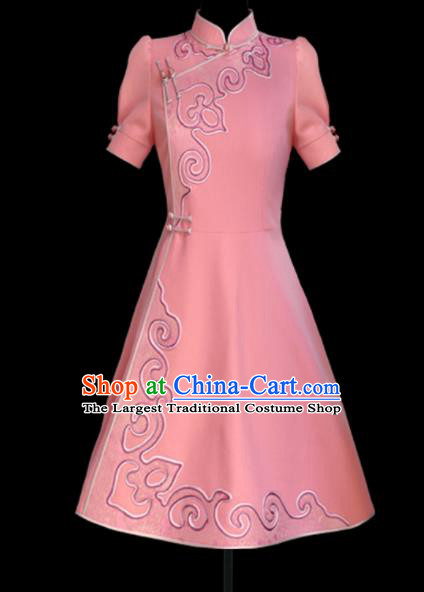 Traditional Chinese Mongol Ethnic National Pink Short Dress Mongolian Minority Folk Dance Costume for Women