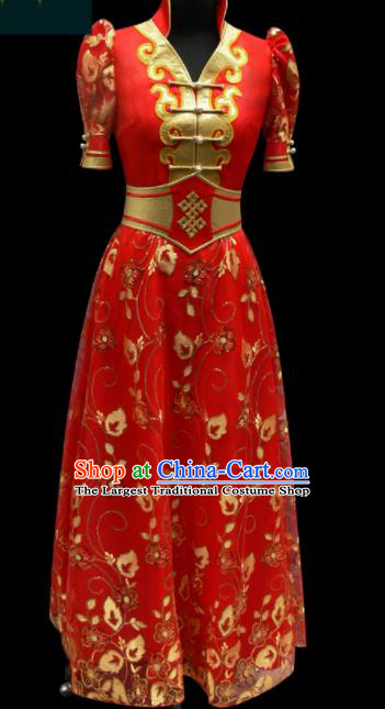 Traditional Chinese Mongol Ethnic National Red Dress Mongolian Minority Folk Dance Costume for Women