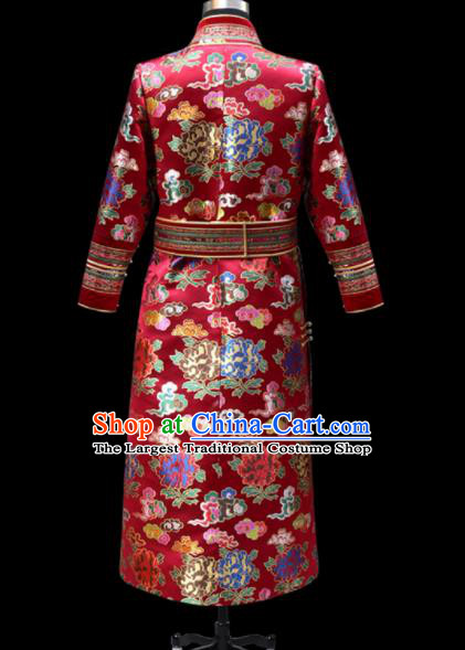 Chinese Traditional Mongol Ethnic Wedding Red Brocade Robe Mongolian Minority National Folk Dance Costume for Men
