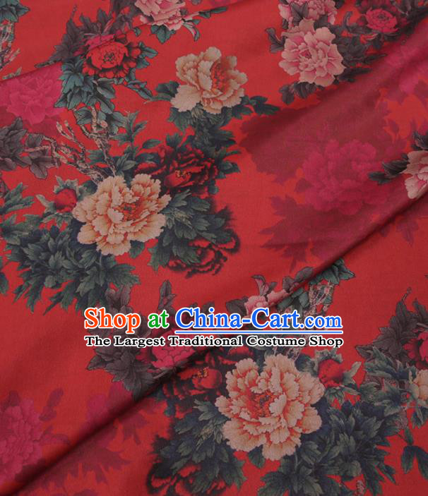 Traditional Chinese Red Gambiered Guangdong Gauze Classical Peony Pattern Design Silk Fabric