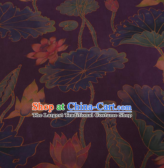 Traditional Chinese Classical Lotus Pattern Design Deep Purple Gambiered Guangdong Gauze Asian Brocade Silk Fabric