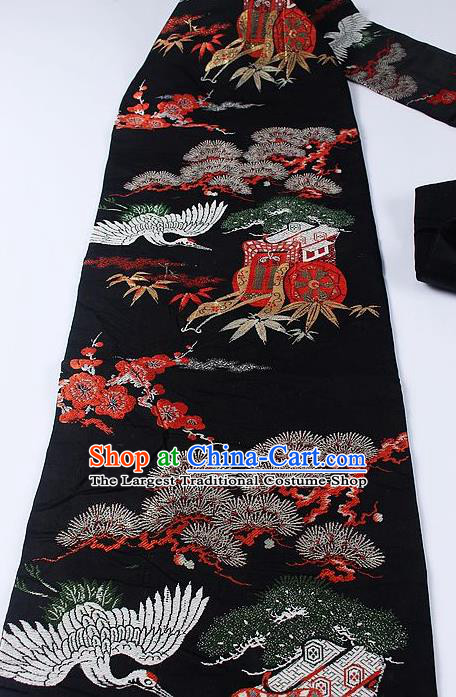 Japanese Kimono Accessories Classical Crane Pine Pattern Black Brocade Belt Asian Japan Traditional Ceremony Yukata Waistband for Women