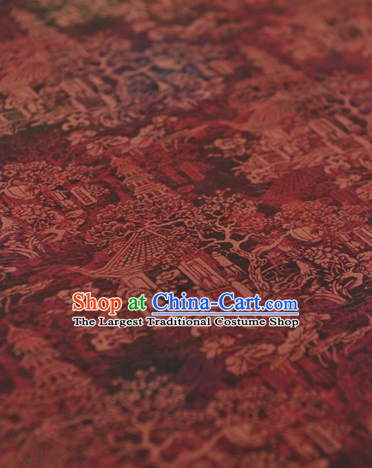 Chinese Traditional Tower Pattern Design Wine Red Gambiered Guangdong Gauze Asian Brocade Silk Fabric