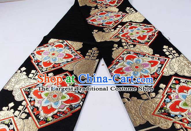 Asian Japanese Classical Flowers Pattern Black Brocade Waistband Kimono Accessories Traditional Yukata Belt for Women