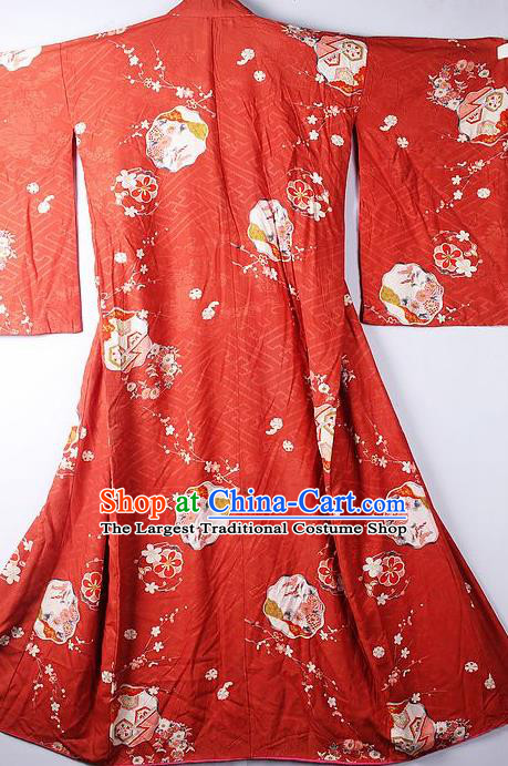 Asian Japanese National Printing Sakura Red Furisode Kimono Ceremony Costume Traditional Japan Yukata Dress for Women