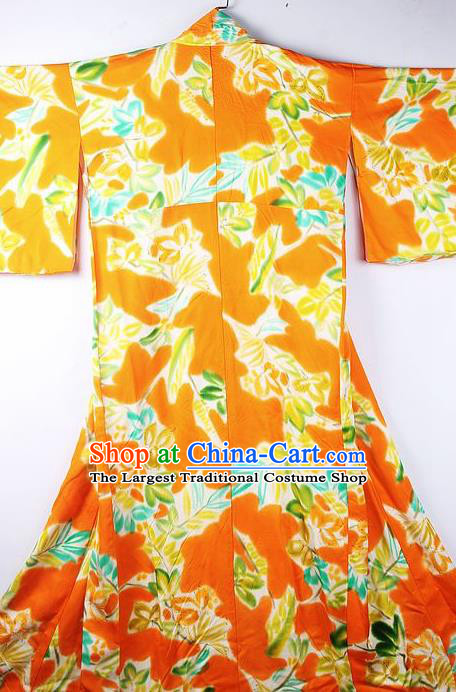 Asian Japanese National Printing Orange Iromuji Furisode Kimono Ceremony Costume Traditional Japan Yukata Dress for Women