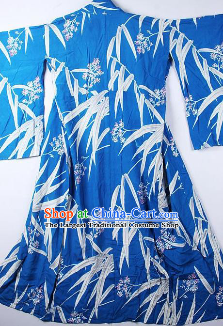 Asian Japanese Classical Bamboo Leaf Pattern Blue Furisode Kimono Ceremony Costume Traditional Japan Yukata Dress for Women
