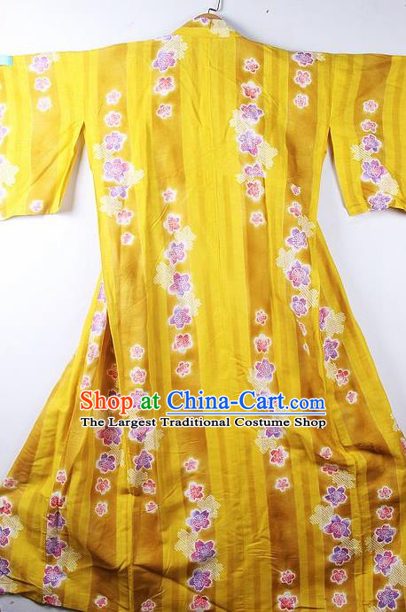 Asian Japanese Classical Sakura Pattern Yellow Furisode Kimono Ceremony Costume Traditional Japan Yukata Dress for Women