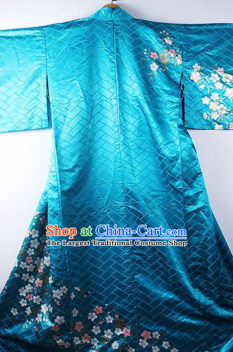 Asian Japanese Clothing Classical Sakura Pattern Blue Kimono Traditional Japan National Yukata Costume for Men