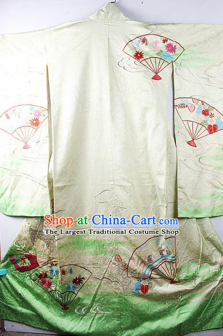 Asian Japanese Printing Fan Green Iromuji Furisode Kimono Ceremony Costume Traditional Japan Yukata Dress for Women