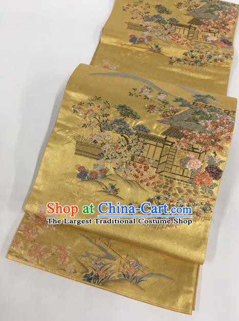 Japanese Traditional Classical Peony Orchid Pattern Golden Waistband Kimono Brocade Accessories Asian Japan Yukata Belt for Women