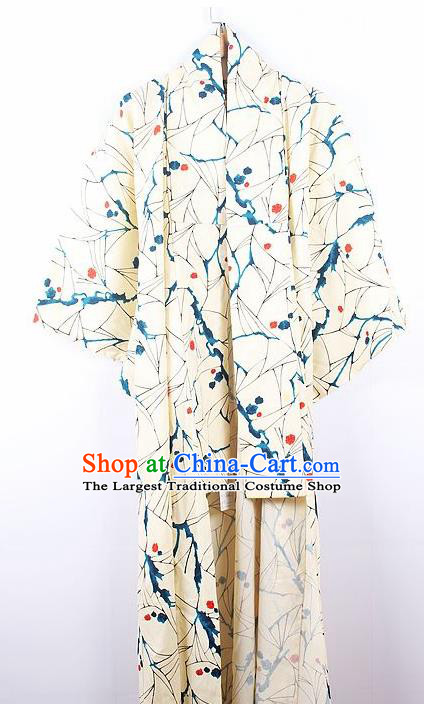 Asian Japanese Ceremony Palace Printing Beige Kimono Traditional Japan Yukata Dress for Women