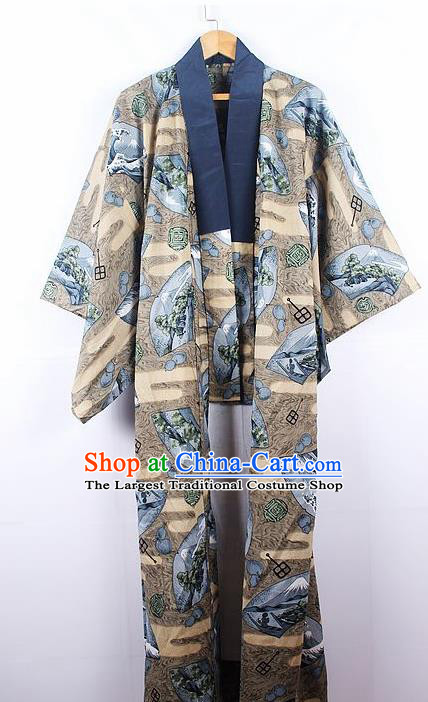 Asian Japanese Samurai Classical Pattern Khaki Yukata Robe Traditional Japan Kimono Costume for Men