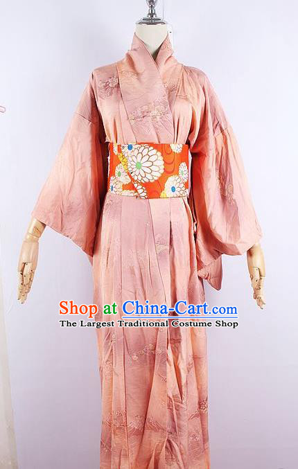 Asian Japanese Ceremony Printing Cherry Blossom Pink Kimono Dress Traditional Japan Yukata Costume for Women