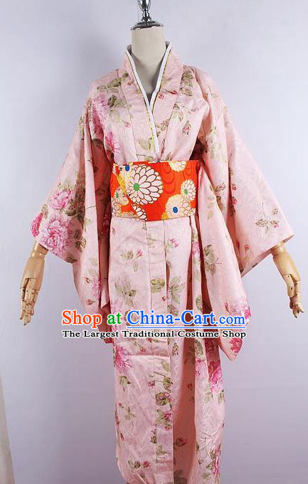 Japanese Ceremony Costume Printing Peony Pink Silk Kimono Dress Traditional Asian Japan Yukata for Women