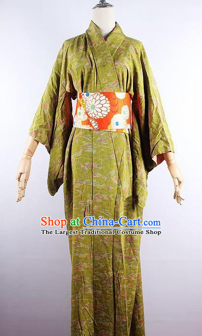 Japanese Ceremony Costume Olive Green Silk Kimono Dress Traditional Asian Japan Yukata for Women