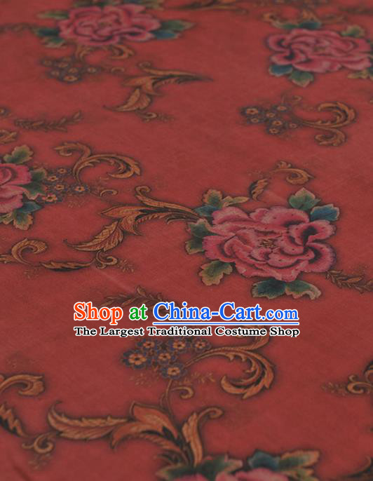 Chinese Traditional Peony Pattern Design Red Gambiered Guangdong Gauze Asian Brocade Silk Fabric