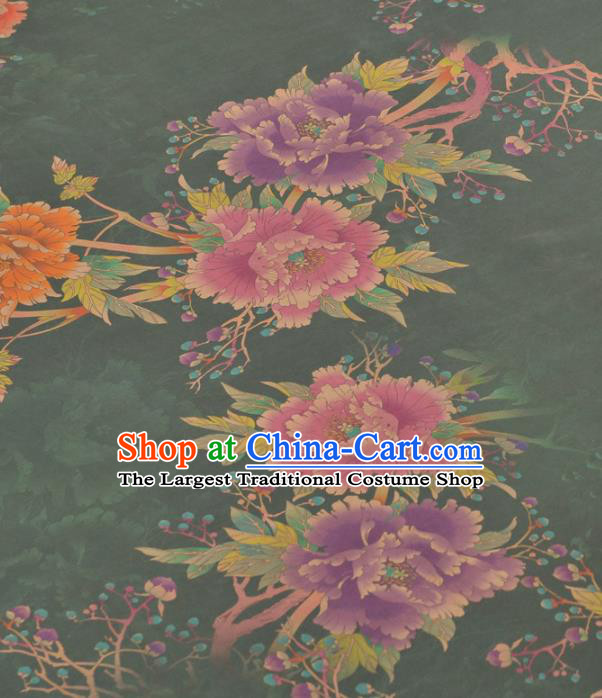 Chinese Classical Peony Pattern Design Olive Green Gambiered Guangdong Gauze Traditional Asian Brocade Silk Fabric