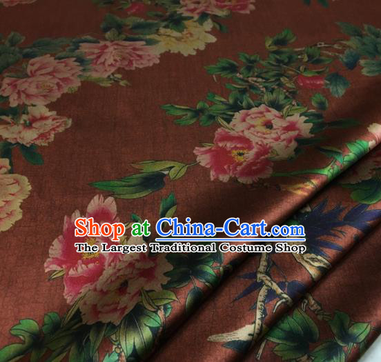 Asian Chinese Classical Peony Pattern Brown Brocade Satin Drapery Traditional Cheongsam Brocade Silk Fabric