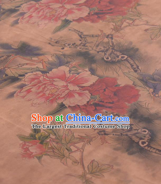 Asian Chinese Classical Peony Flowers Pattern Khaki Gambiered Guangdong Gauze Traditional Cheongsam Brocade Silk Fabric