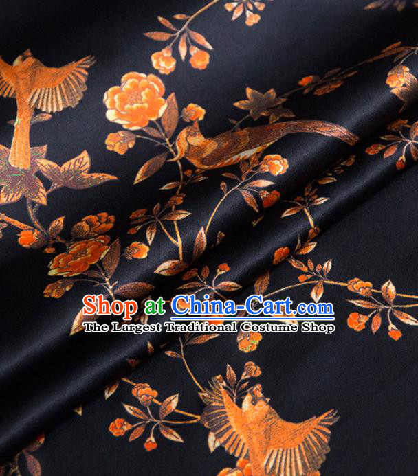 Asian Chinese Classical Birds Pattern Navy Brocade Satin Drapery Traditional Cheongsam Brocade Silk Fabric