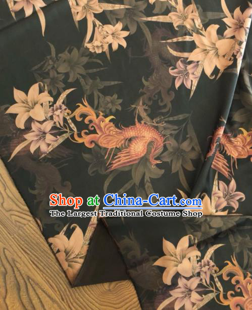 Asian Chinese Classical Lily Flowers Pattern Black Satin Drapery Gambiered Guangdong Gauze Brocade Traditional Cheongsam Brocade Silk Fabric