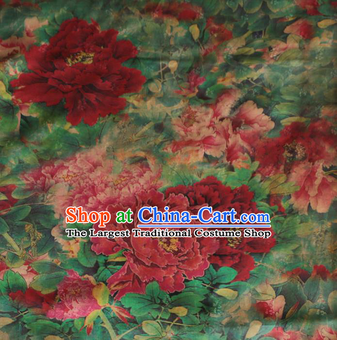 Asian Chinese Classical Peony Pattern Green Gambiered Guangdong Gauze Satin Drapery Brocade Traditional Cheongsam Brocade Silk Fabric