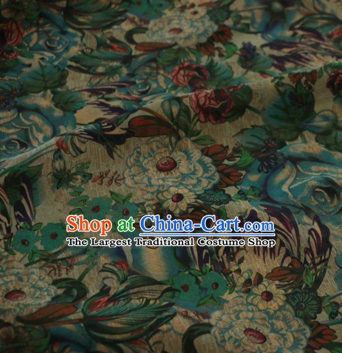 Asian Chinese Classical Pattern Green Gambiered Guangdong Gauze Satin Drapery Brocade Traditional Cheongsam Brocade Silk Fabric