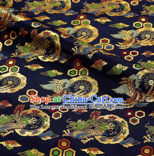 Japanese Traditional Kimono Classical Dragons Pattern Navy Brocade Asian Japan Satin Drapery Silk Fabric