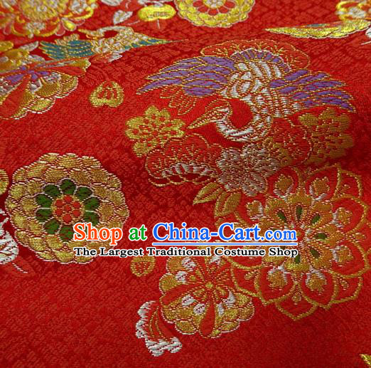Japanese Traditional Kimono Classical Crane Daisy Pattern Red Brocade Damask Asian Japan Nishijin Satin Drapery Silk Fabric